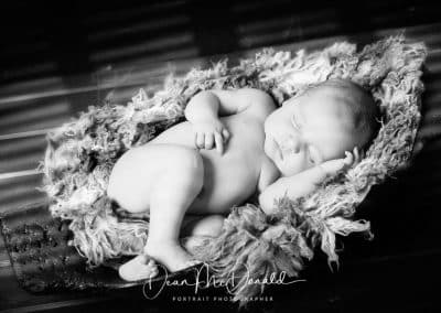 Newborn peacefully curled in fur on a wooden tray.