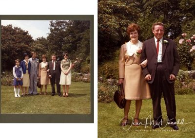 Vintage wedding photo in a garden. Photographic Restoration couple removal.