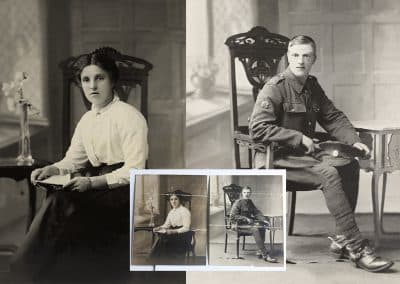 Historical portraits restored comparison of people seated.