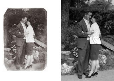 Photo Restoration of a couple embracing in vintage photograph.