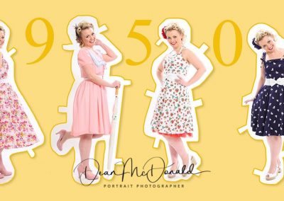 1950s Pinup fashion Image with vibrant dresses. Cutout look.
