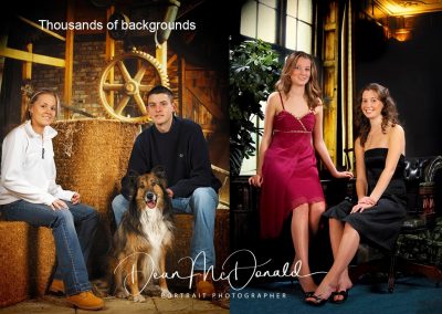Two groups, Left, posing with a dog. Right, two young teenagers in dresses.