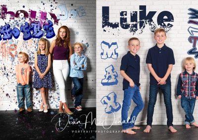 Children posing with playful text backgrounds.
