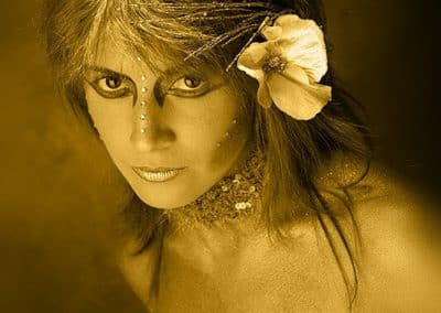 Elegant portrait with floral accents.