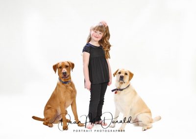 Child with two dogs on a white studio backdrop.