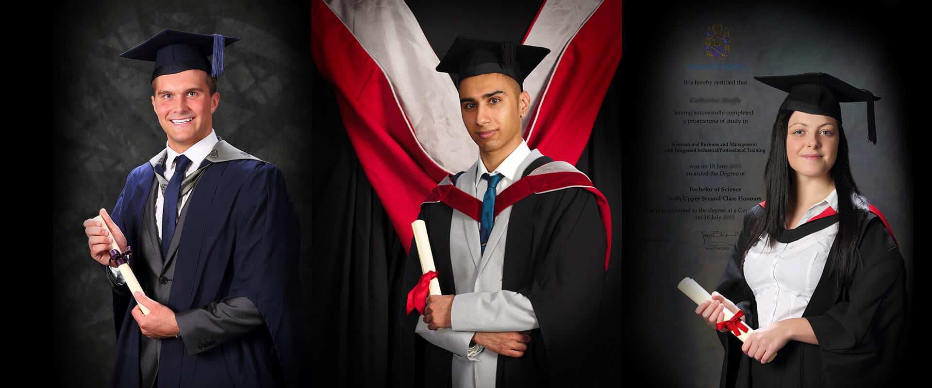 Graduation portraits with personalised studio creative backgrounds.